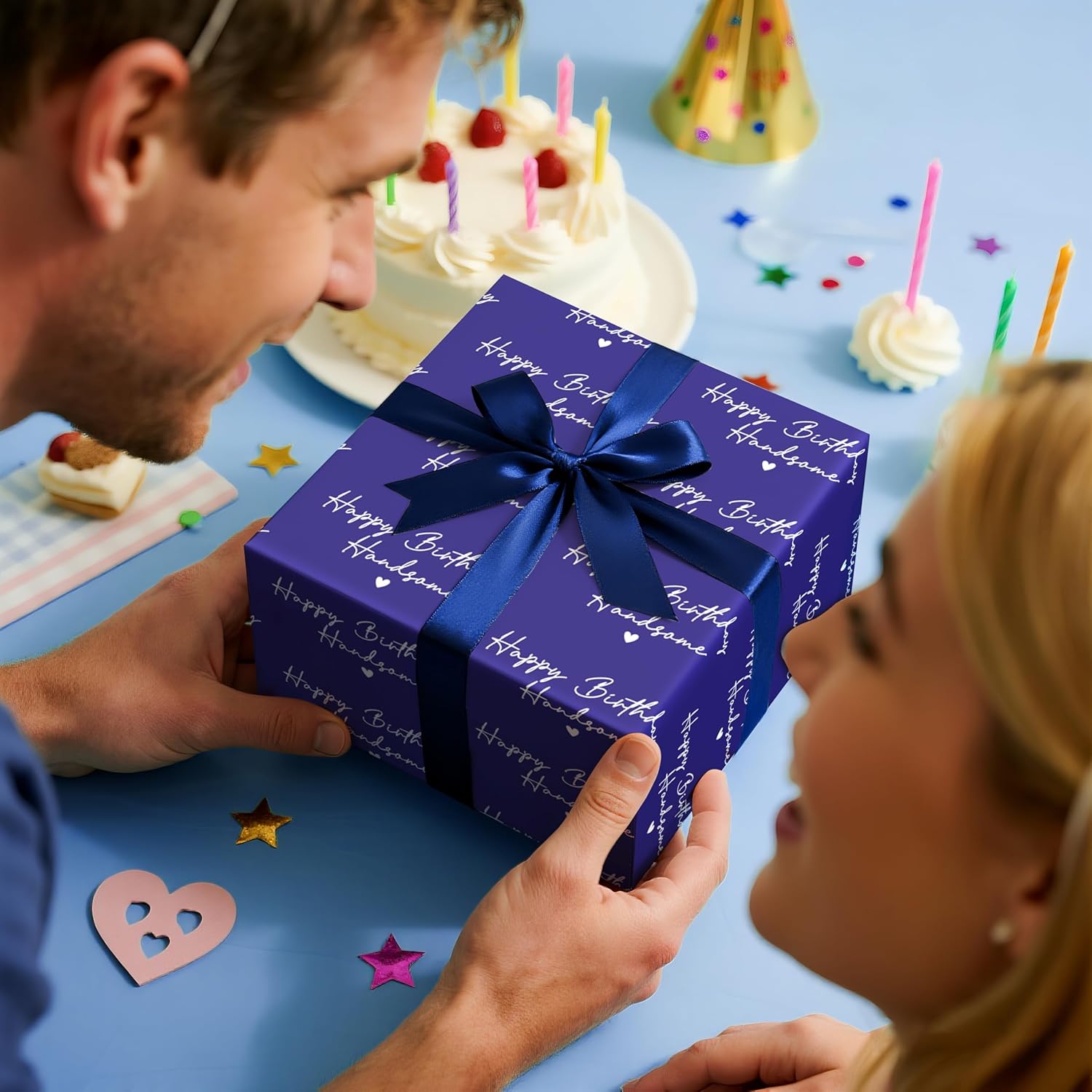 Happy Birthday Handsome Wrapping Paper Roll For Men, Navy Blue With White Script Text Hearts Birthday Gift Wrap For Him, Husband, Boyfriend, Dad, Father, Grandpa, Mini Roll 17 In X 16.4 Feet
