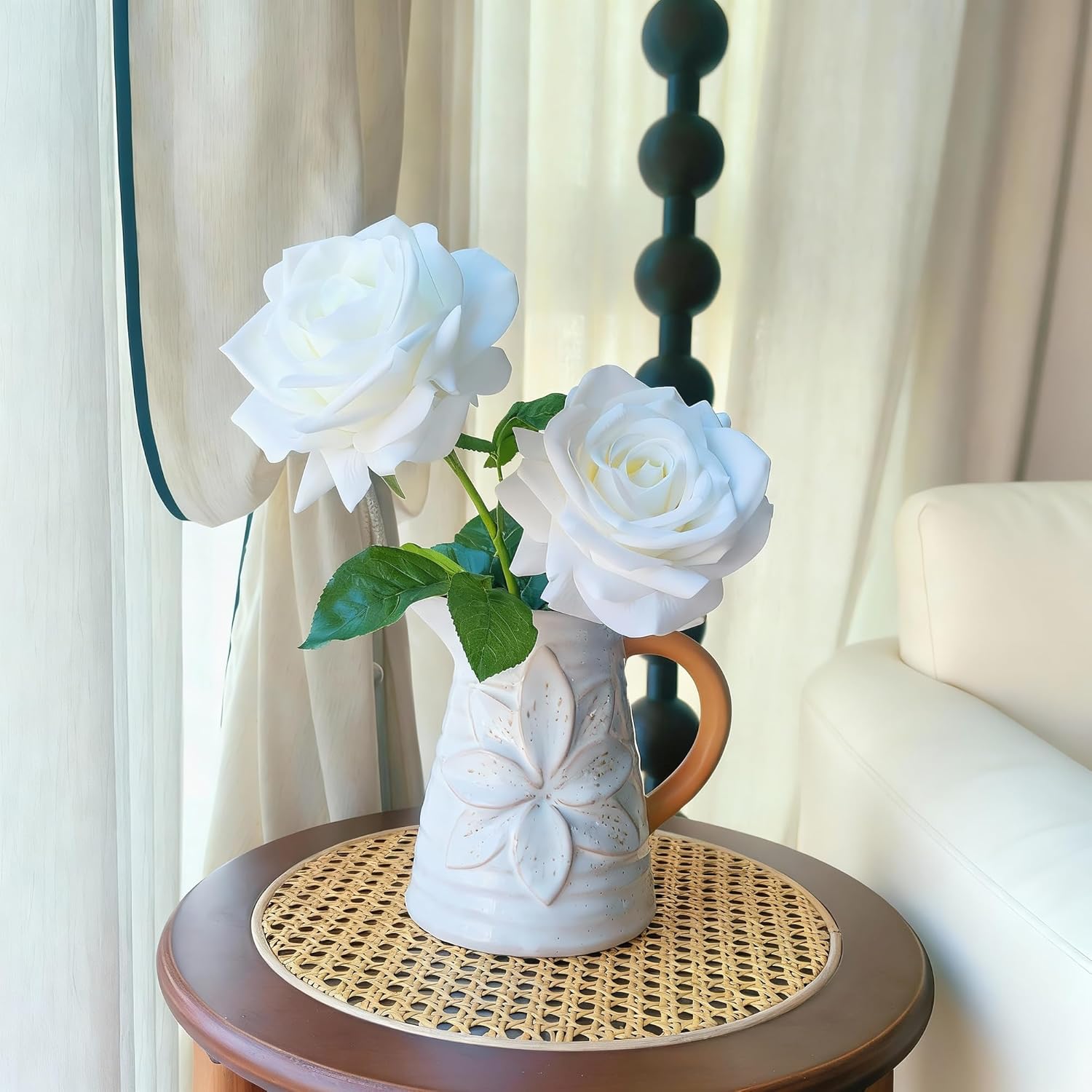 Artificial Flowers, 5Pcs Real Touch White Roses, 4.3''Big Flower Head Faux Silk Roses Bouquets For Wedding Diy & Home Table Centerpieces Decoration