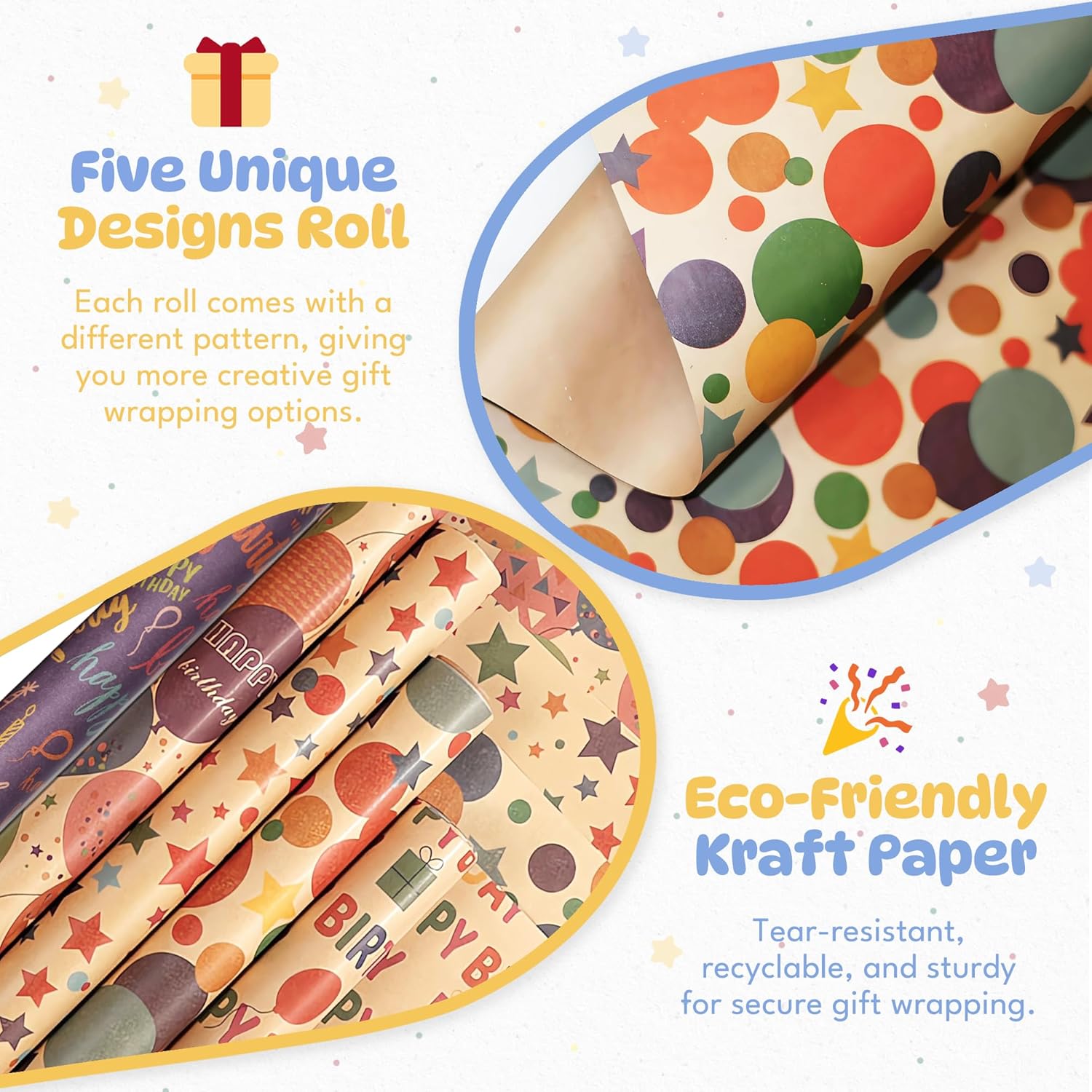 Birthday Wrapping Paper, 5 Rolls Kraft Gift Wrap For Birthday, Party, Holiday, Baby Shower, Recyclable Wrapping Paper Girl Boy Kids Adult, 17 Inch X 9.8 Feet