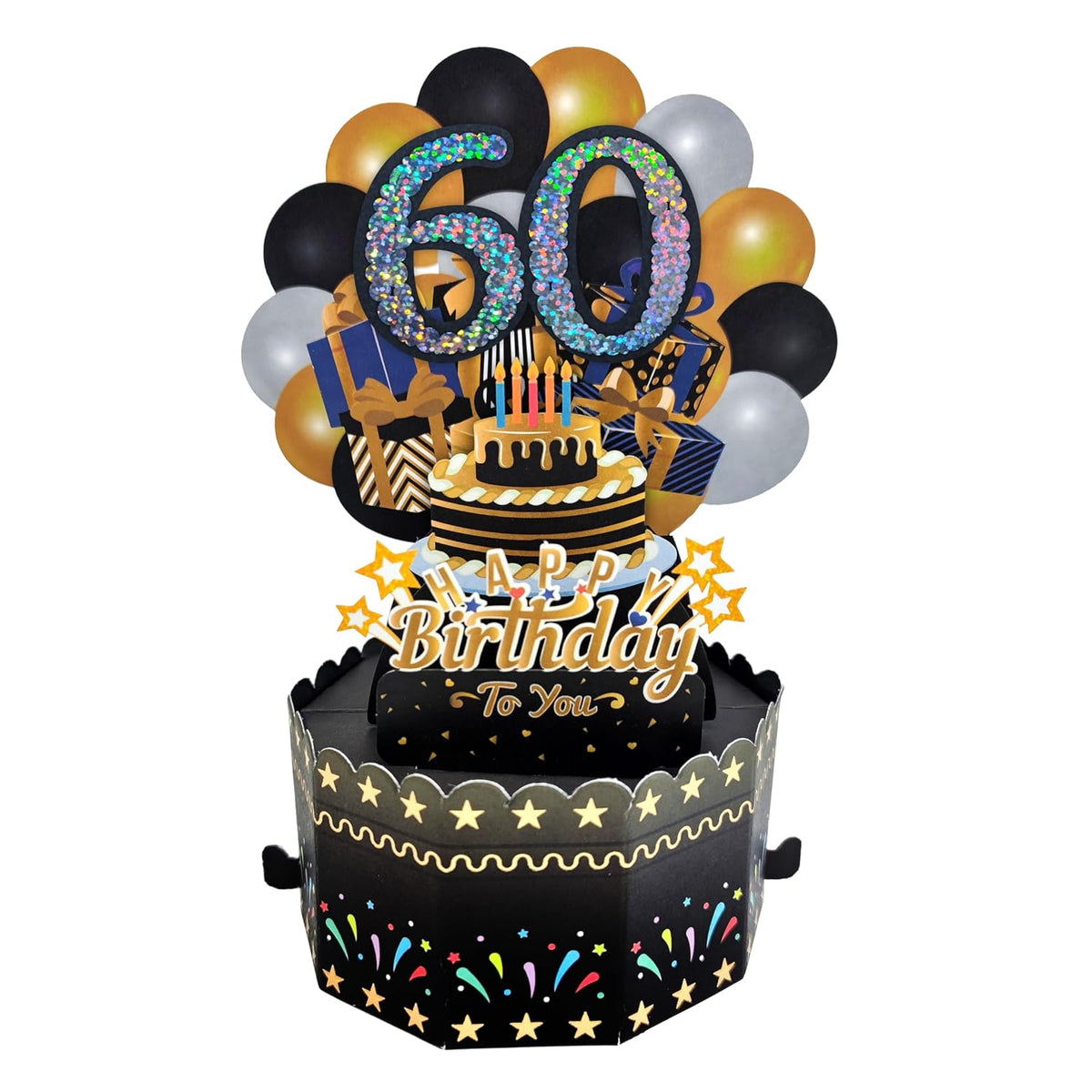 60Th Birthday Cards 3D Popup Birthday Greeting Cards - Birthday Greeting Card For Men, Women, Mom,Dad And Grandparents With Blank Note And Envelope Included (Black Gold)
