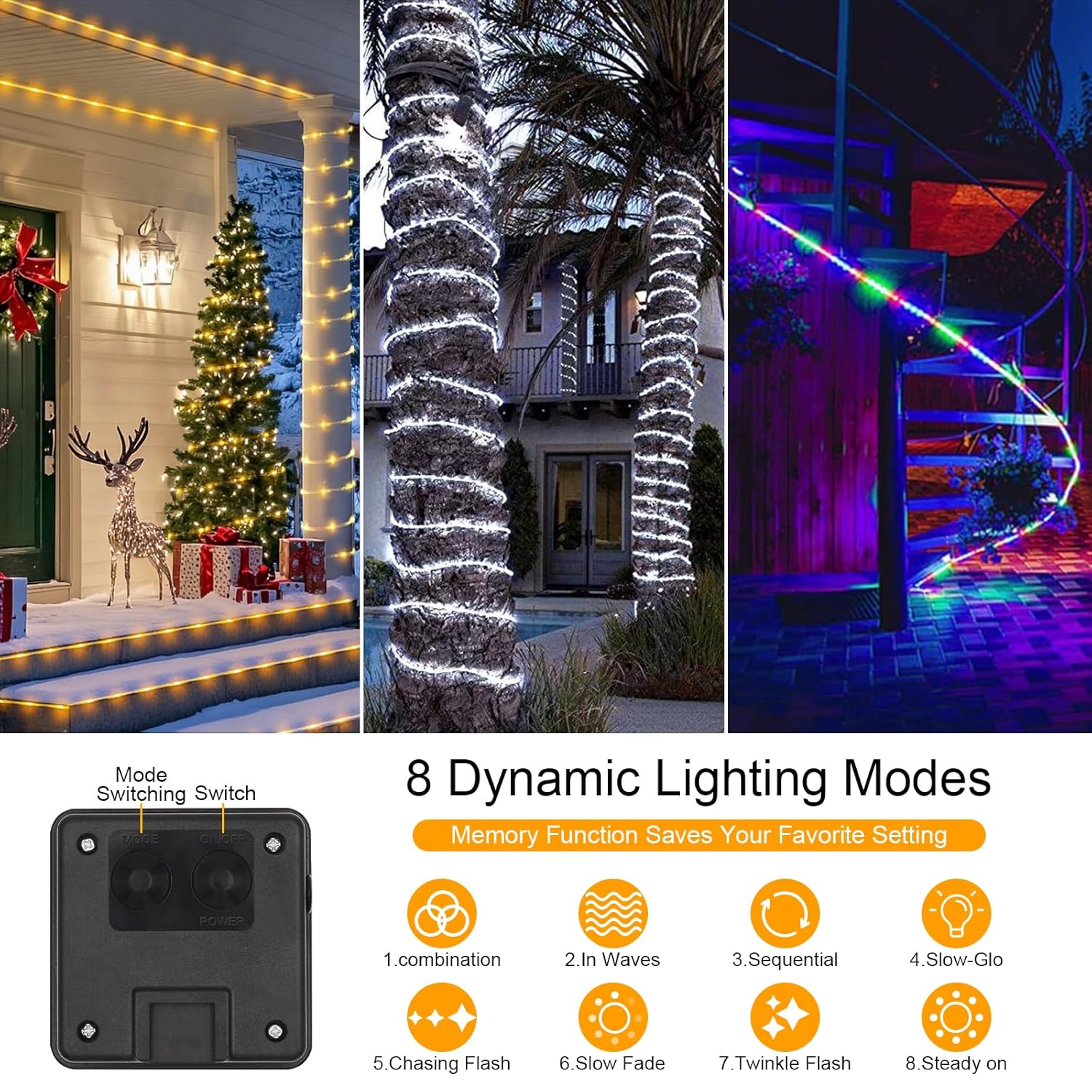Total 66Ft 200Led Solar Rope Lights Outdoor Waterproof, White Solar Powered String Lights With 8 Modes, Flexible Led Rope Light For Garden, Patio, Camping, Christmas Decor-2 Pack