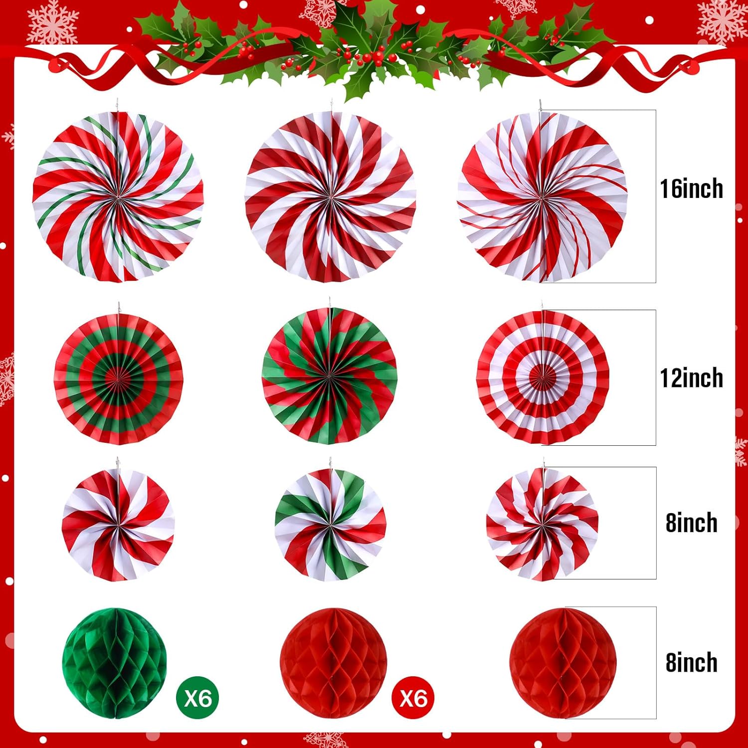 21 Pcs Christmas Candy Hanging Paper Fans Peppermint Christmas Banners Xmas Classroom Ceiling Decorations Tissue Poms Honeycomb Ball Ornaments For Birthday Wall Decor Supplies(Fashion)