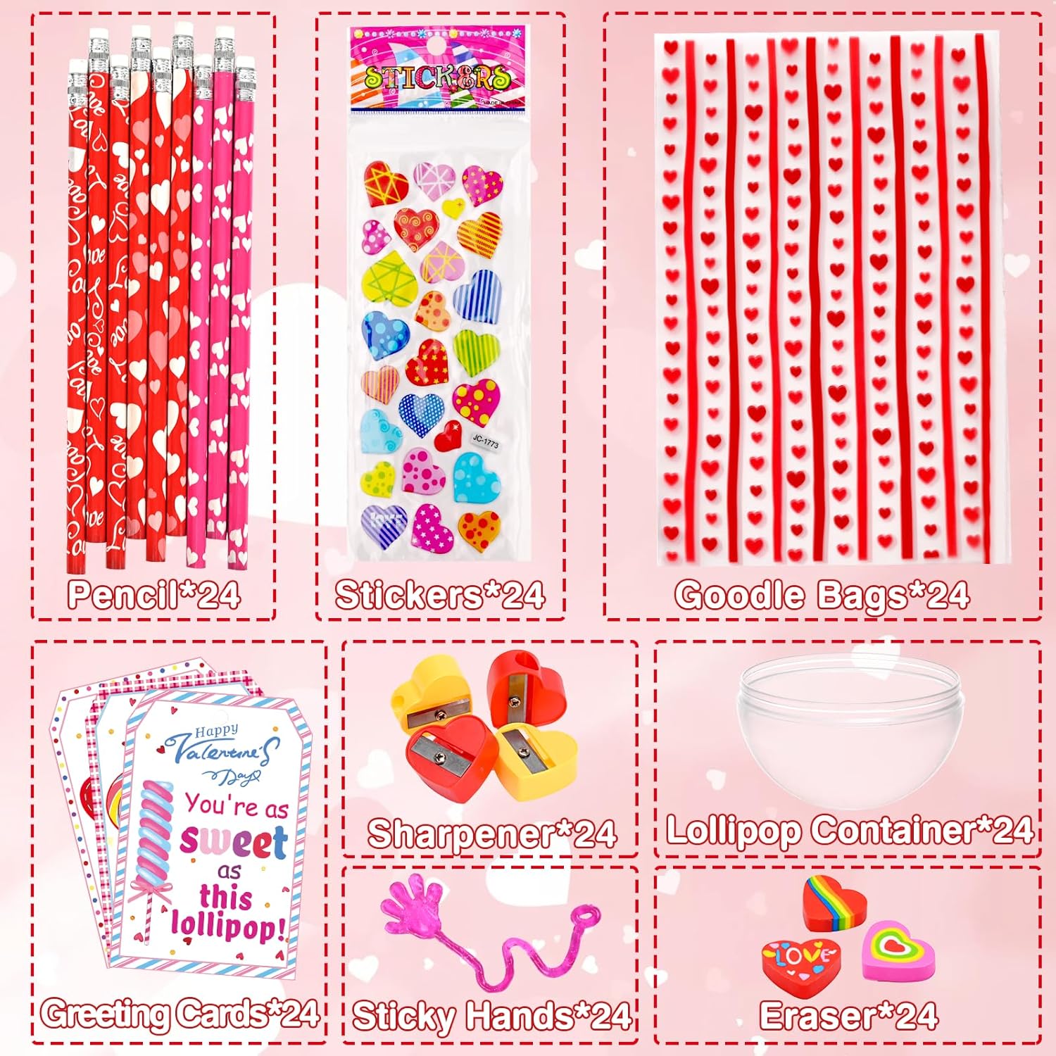 24 Pack Valentines Day Gifts, Valentine'S Day Cards For Students, Lollipop-Shaped Stationery Set With Pencils Stickers Erasers Sharpener For Boys Girls School Classroom Exchange Party Favors