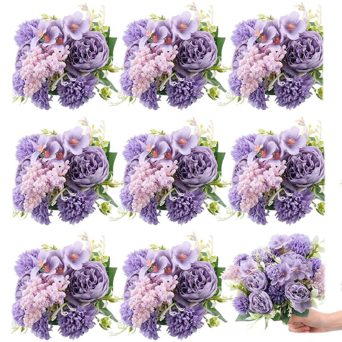 8 Pcs Artificial Flowers Bouquet Fake Silk Flowers Faux Bouquet Hydrangea Bouquets For Valentine'S Day Wedding Birthday Party Table Centerpieces Home Office Decoration(Purple,Peony)