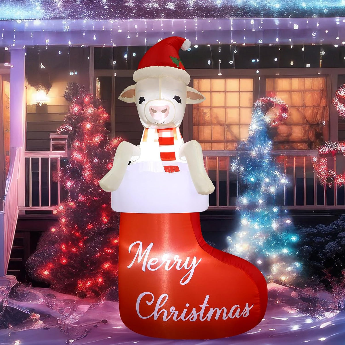5Ft Christmas Inflatables Goat Outdoor Decoration Inflatables Goat In Xmas Stocking Lighted Blow Up Lamb Climbing Out Fr
