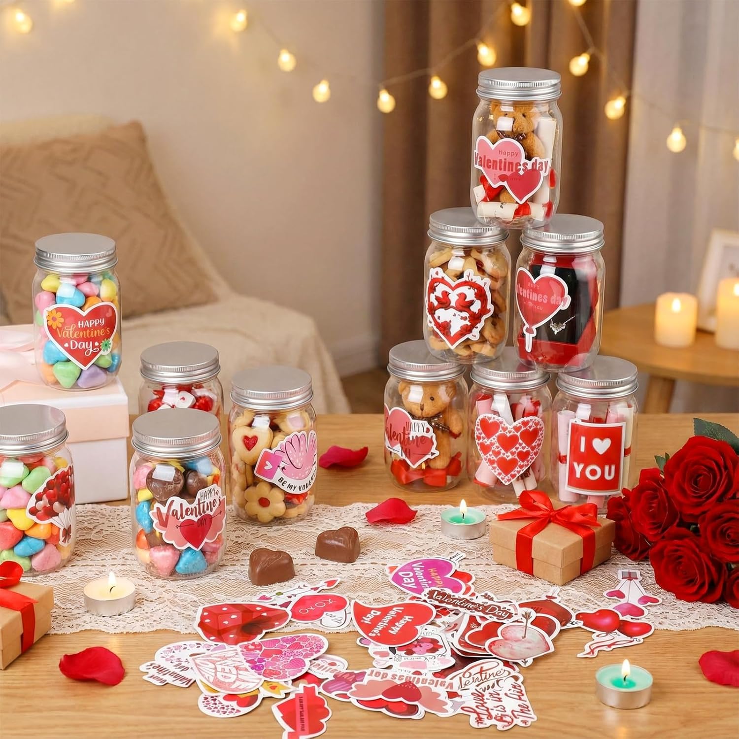 24 Set Valentine'S Day Candy Jars 8.5 Oz Plastic Cookie Jars With Lids Heart Stickers Diy Sugar Storage Containers For Valentine'S Party Gift