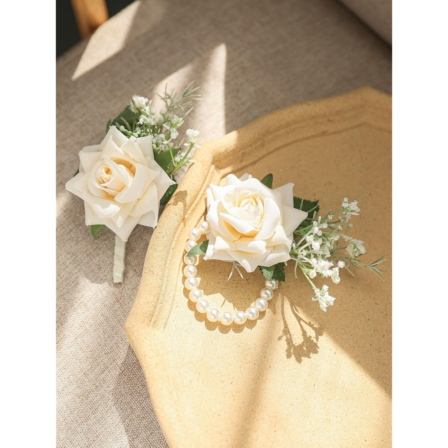 Champagne Corsage And Boutonniere Set, Rose Boutonniere For Men Wedding, Prom Artificial Flower Wrist Corsage Bracelets, Homecoming Corsage Wristlet, Flowers Accessories Prom Suit Decorations