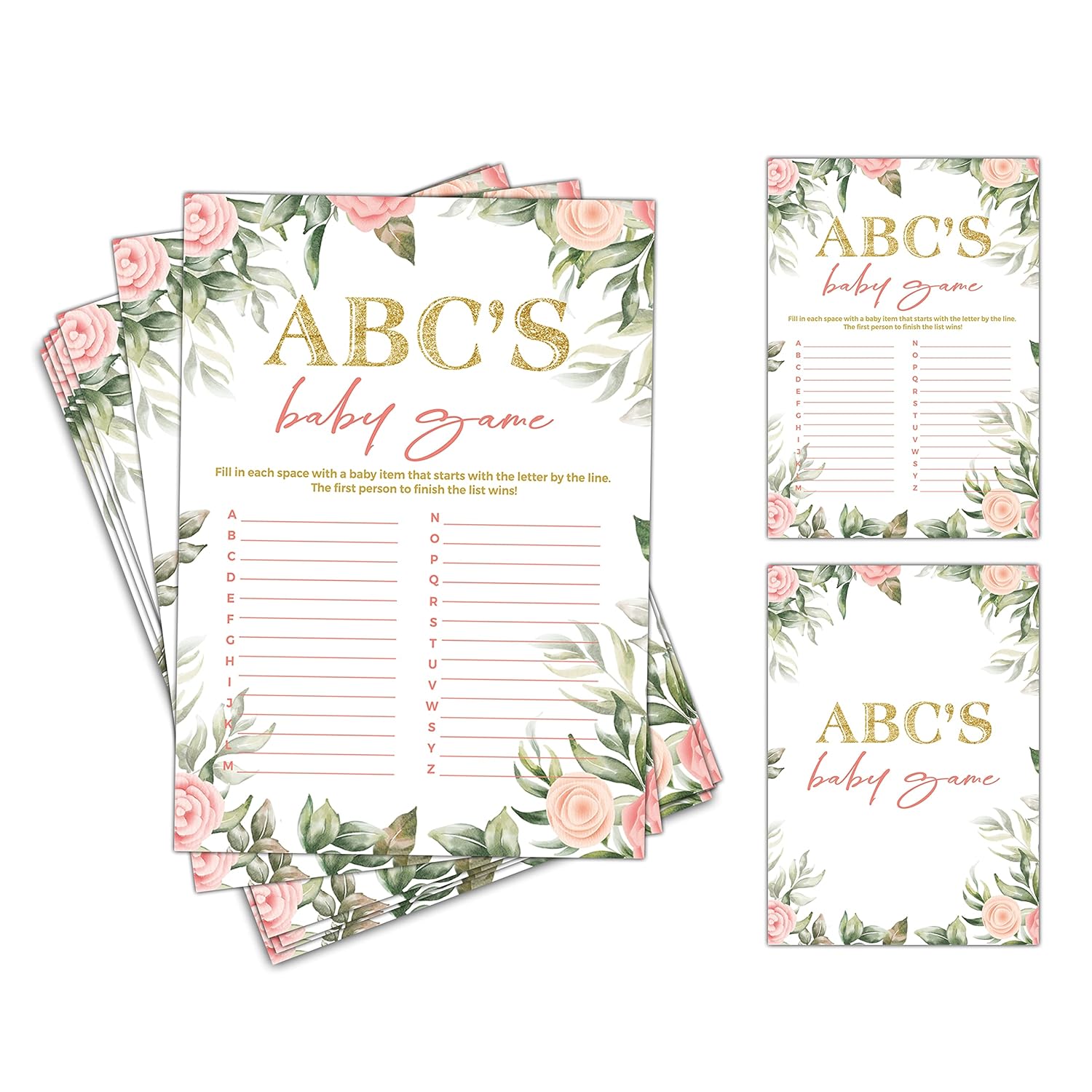 Baby Shower Games For Boys Or Girls - Abc'S Baby Game - Floral Greenery Baby Shower/Gender Reveal Party/Baby Bump Party Supplies Activities - Pack Of 30 Game Cards(A05)
