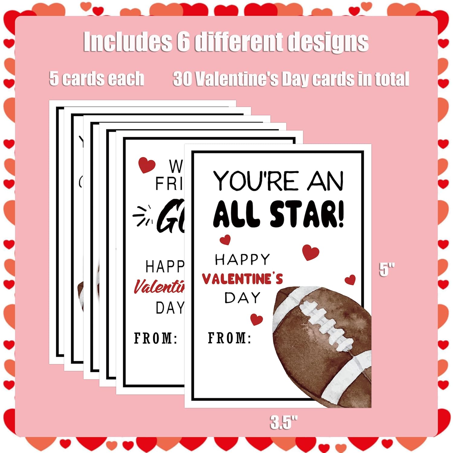 Pack Of 30 Valentines Day Cards For School, 6 Assorted Designs Of Football Valentines Exchange Cards, Valentine'S Day Party Supplies, Valentines Gifts For Boys Girls Classroom Exchange,2
