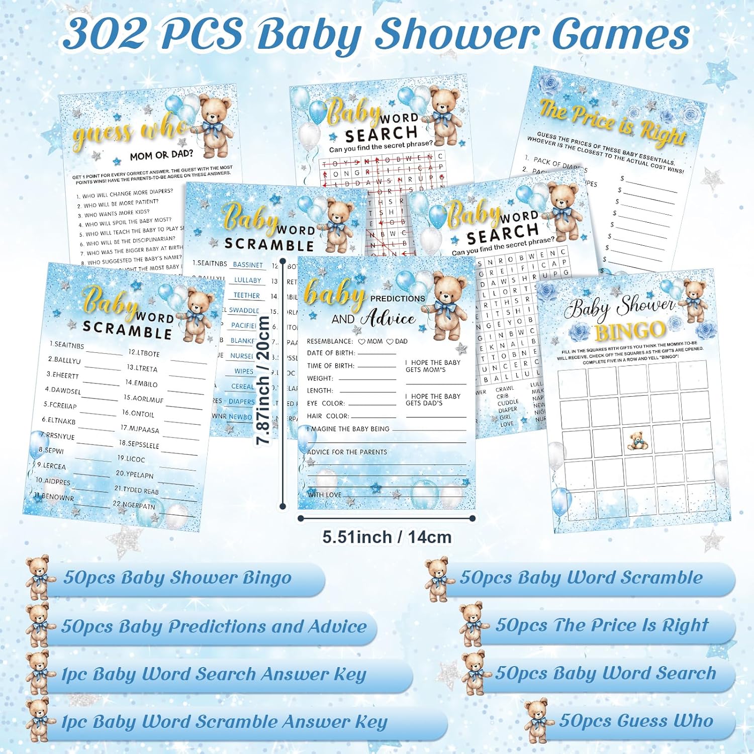 302 Pcs Bear Baby Shower Games Set 6 Games Include Baby Shower Word Scramble Word Search Predictions And Advice The Price Is Right Guess Mom Or Dad(Blue Bear)