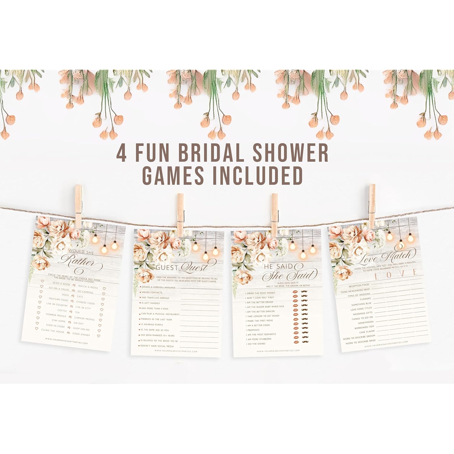 Rustic Wood And Floral Wedding Bridal Shower Games - Would She Rather, Guest Quest, He Said She Said, And Love Match - 25 Games Cards Per Game