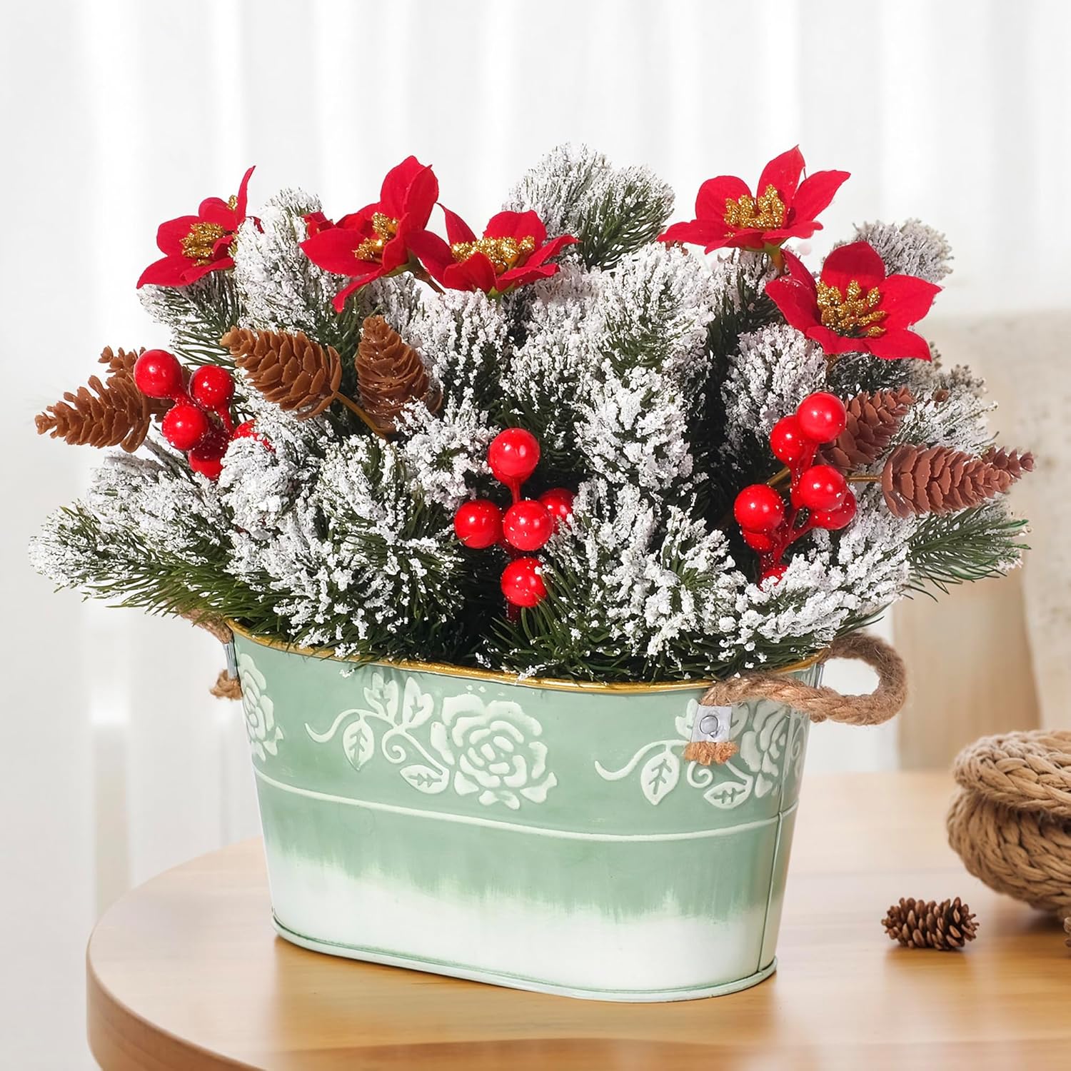 Christmas Table Centerpiece With Artificial Red Poinsettias, Snowy Norfolk Pine, Berries & Pine Cones – Lifelike Holiday Floral Arrangement In Green Metal Planter For Xmas Table Decoration