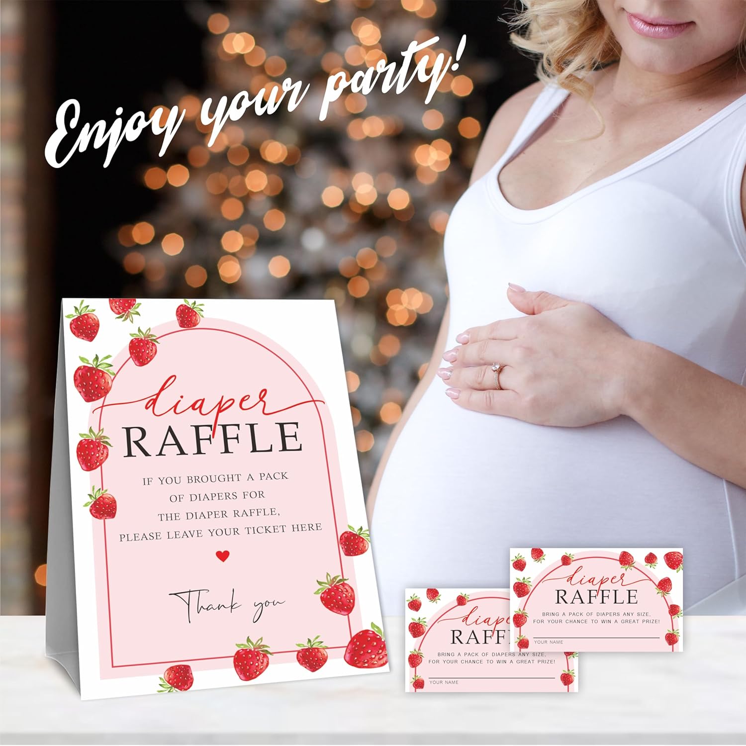 B10 Strawberry Arch Diaper Raffle Game Kit, 50 Tickets & Standing Sign, Decoration For Baby Shower, Gender Reveal, Baby Announcement, Party Favor & Decorations