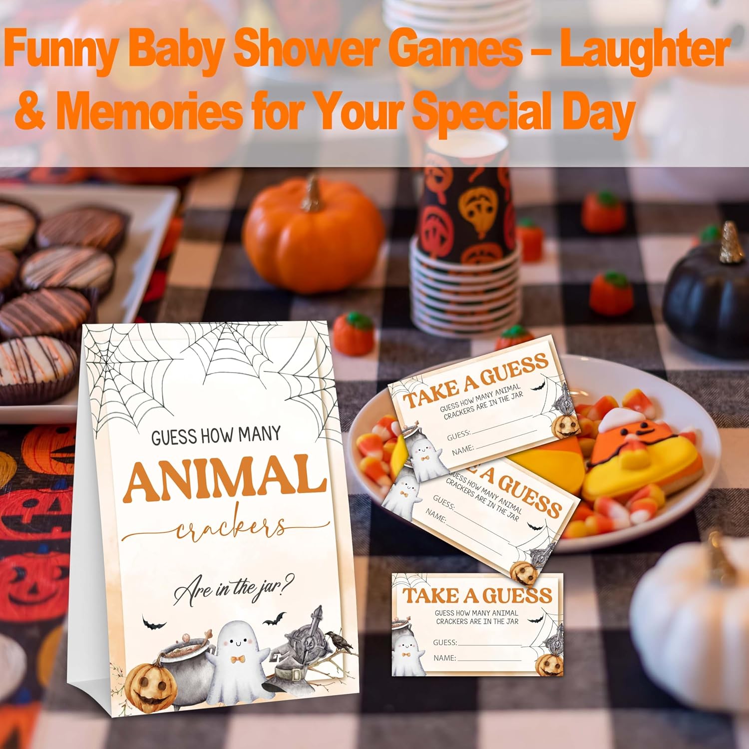 Halloween Baby Shower Games, Ghost Guess How Many Animal Crackers For Pumpkin Gender Reveal Party Supplies Decorations, 1 Standing Sign + 50 Tickets - A02
