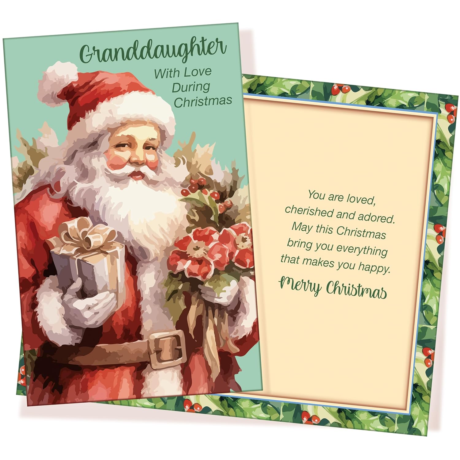 Granddaughter Christmas Card - Large Card Opens To 10" X 7.75" - Made In Chicago - Nostalgic Santa Claus With Gifts - Premium Envelope & Sturdy Mailer - A Classic 1017