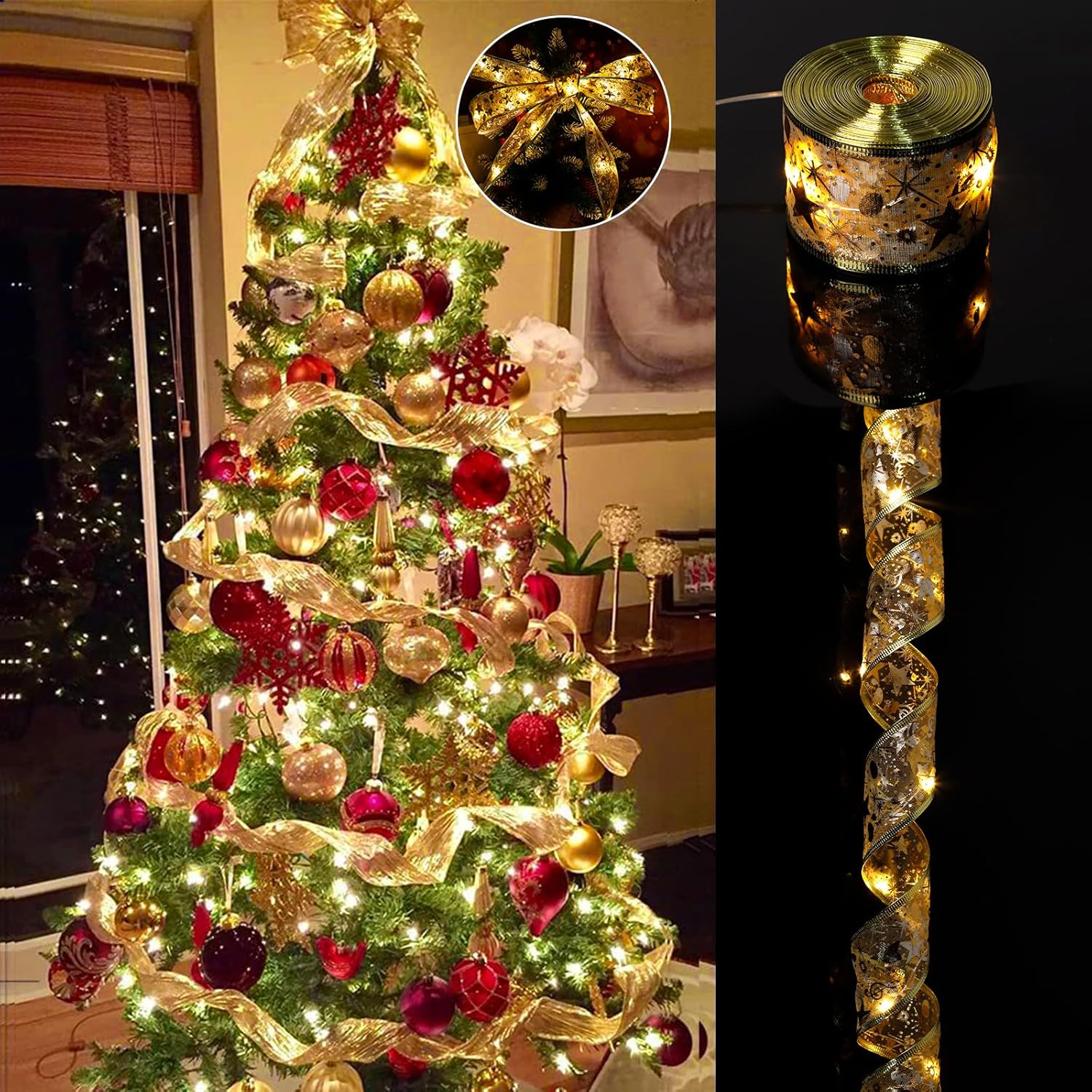 Gold Warm Ribbon Lights 32Ft 100 Led Christmas Tree Decorations Battery Powered String Lights Copper Wire Ribbon Bows Li