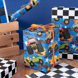 Reversible Monster Truck Wrapping Paper Roll, Mini Roll, Monster Truck And Checkered Design, Dark Blue Gift Wrap For Boys, Kids, Birthday Gifts, Themed Party And Holiday, 17 Inches X 16.4 Feet