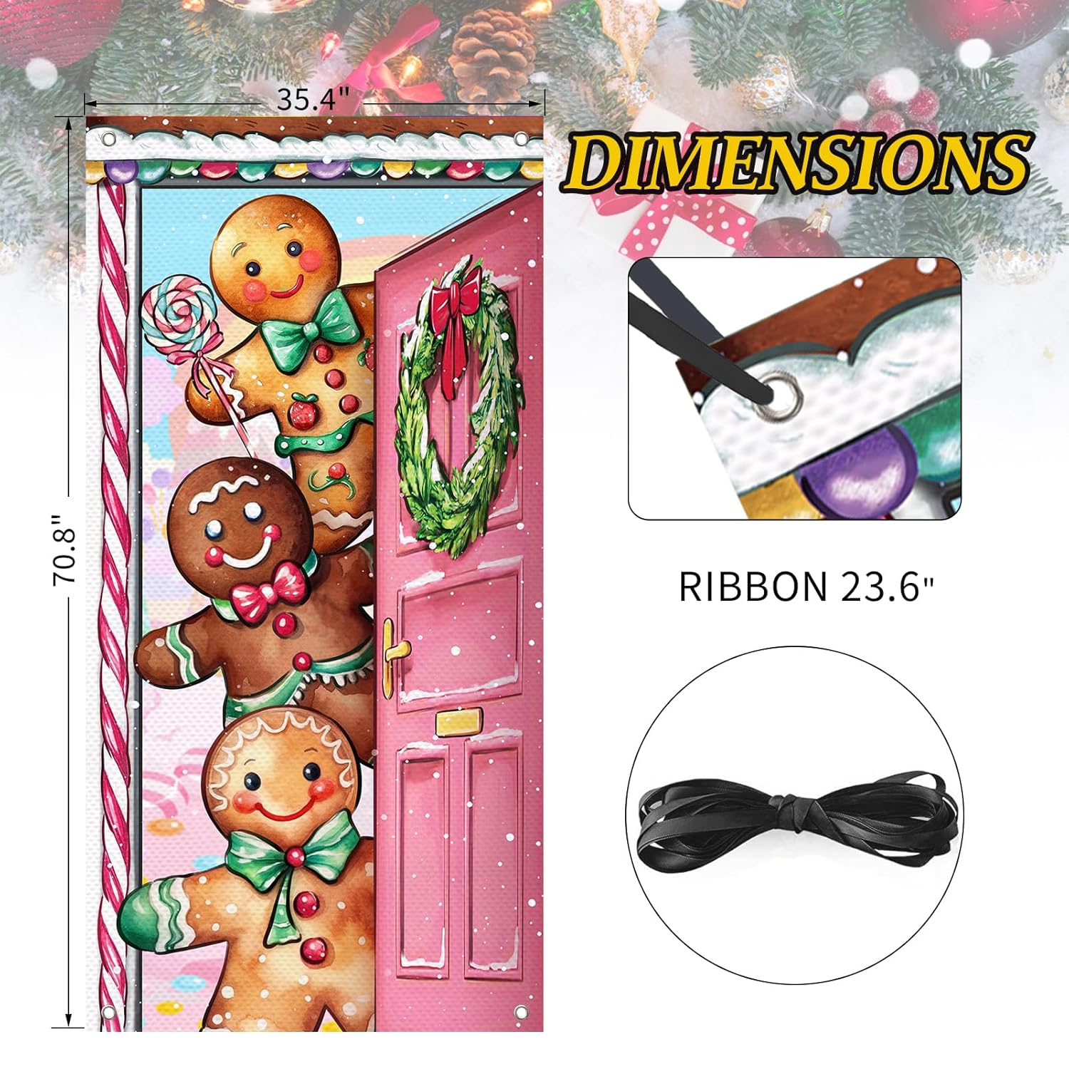 Christmas Gingerbread Man Door Cover Decorations, Pink Xmas Wreath Peppermint Candy Front Door Banner Background, Snowflake Winter Holiday Indoor Outdoor Home Decor 3 X 6 Ft