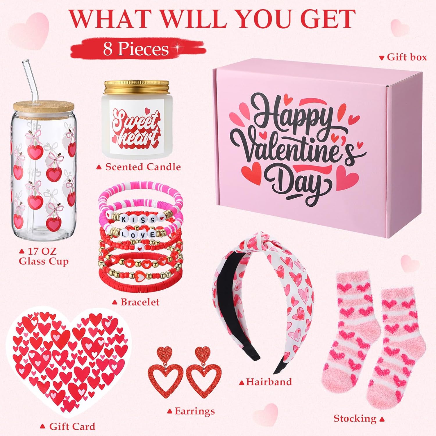 8 Pcs Gifts Set For Women Happy Gift Basket Includes 17Oz Coffee Glass With Lid Straw Scented Candle Bracelet Hairband Socks Earrings Card Box (Valentines Day)