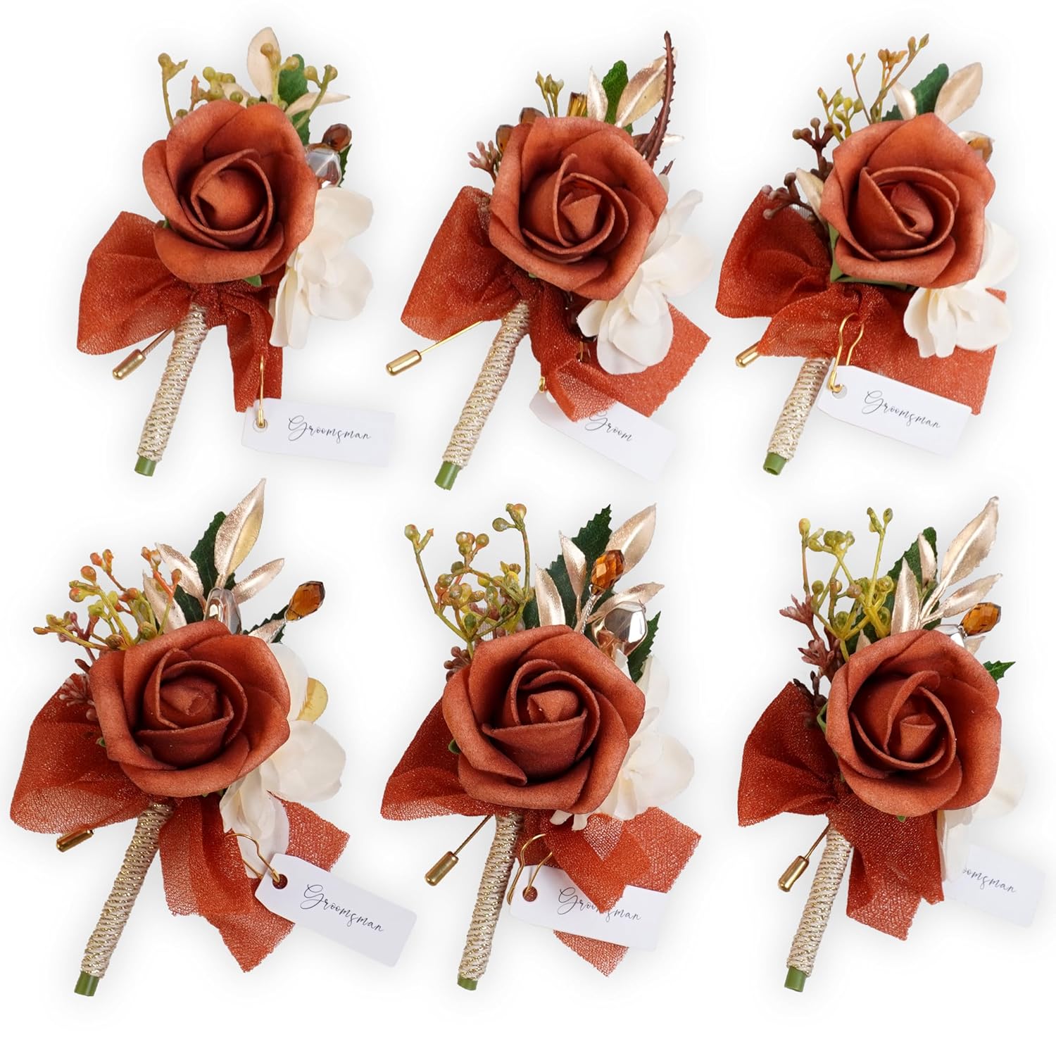 6Pcs Terracotta Boutonniere For Men Wedding - Rust Burnt Orange Artificial Foam Rose Buttonhole With Gold Pins For Groom Groomsmen - Rustic Boho Fall Wedding, Prom Suit, Homecoming Decor