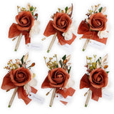 6Pcs Terracotta Boutonniere For Men Wedding - Rust Burnt Orange Artificial Foam Rose Buttonhole With Gold Pins For Groom Groomsmen - Rustic Boho Fall Wedding, Prom Suit, Homecoming Decor