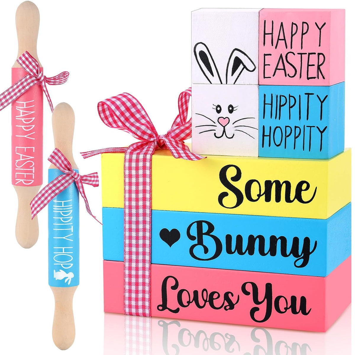 Easter Tiered Tray Decorations 3 Faux Books With Ribbon Rolling Pin 1 Pink 1 Green 4 Tabletop Sign Blocks Farmhouse Handmade Decor For Home Tray Table Bookshelf Mantel Wedding Anniversary