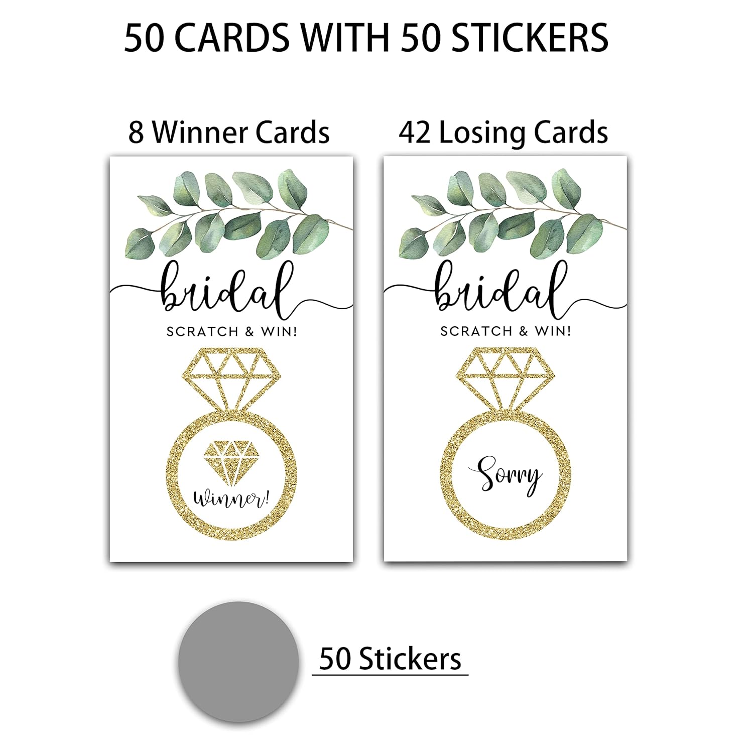 Bridal Shower Scratch Off Game Cards, Eucalyptus Greenery Bridal Lottery Tickets, Gold Foil Wedding Shower Games Ideas, Bachelorette Party Activities & Decorations (50 Pack)-15