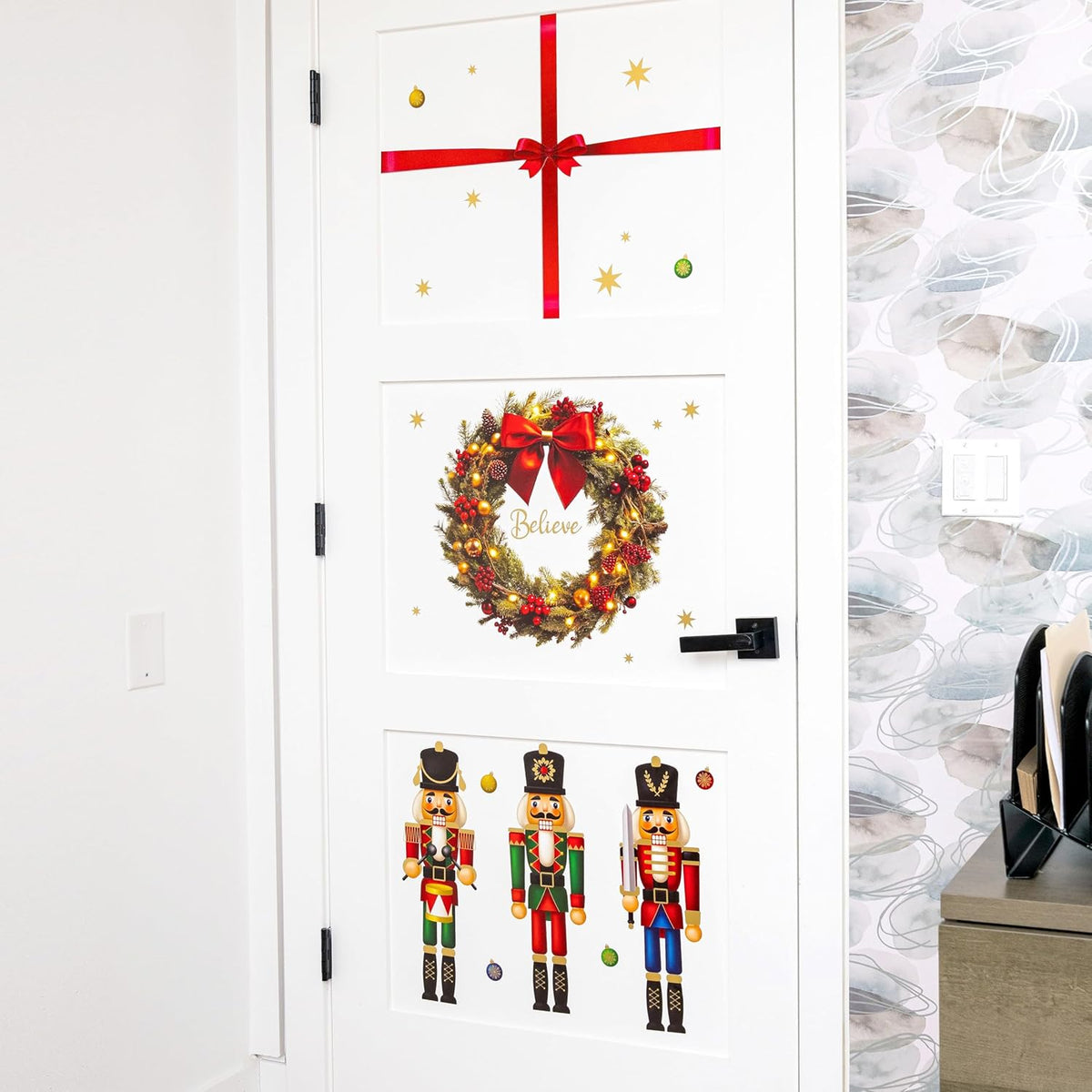 Classic Christmas Decal Kit – 9 Peel & Stick Sheets With Festive Ornaments, Red Bows, Nutcracker & Wreaths. Removable, Water-Resistant & Rental-Safe Holiday Wall Décor.