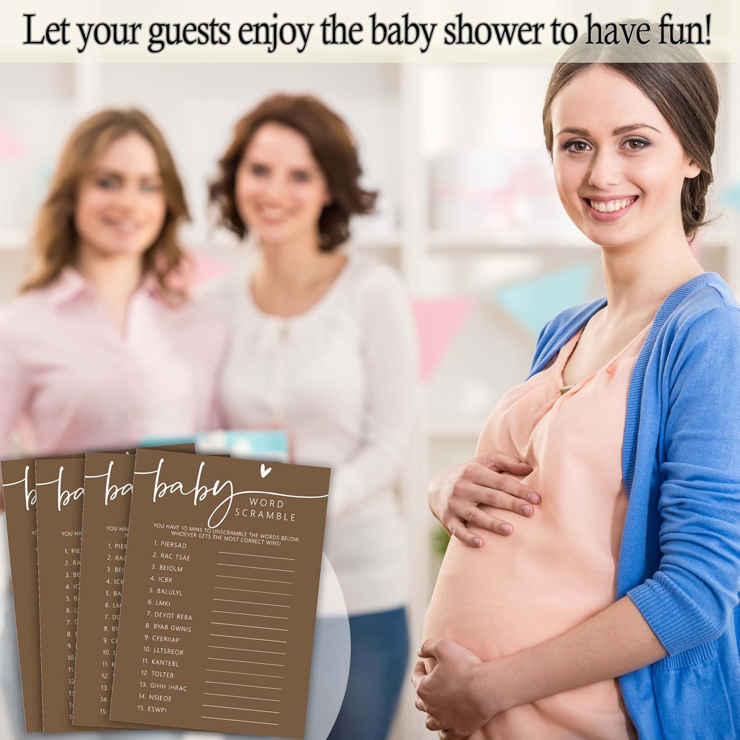 Hilarious Baby Shower Games, Baby Word Scramble, 30 Double-Sided Fill In Game Cards & 1 Answer Card For Gender Reveal Party Favor Decorations Supplies - A07