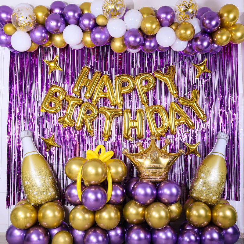 Purple Gold Birthday Decorations For Women Girls, 123Pcs Gold Happy Bi