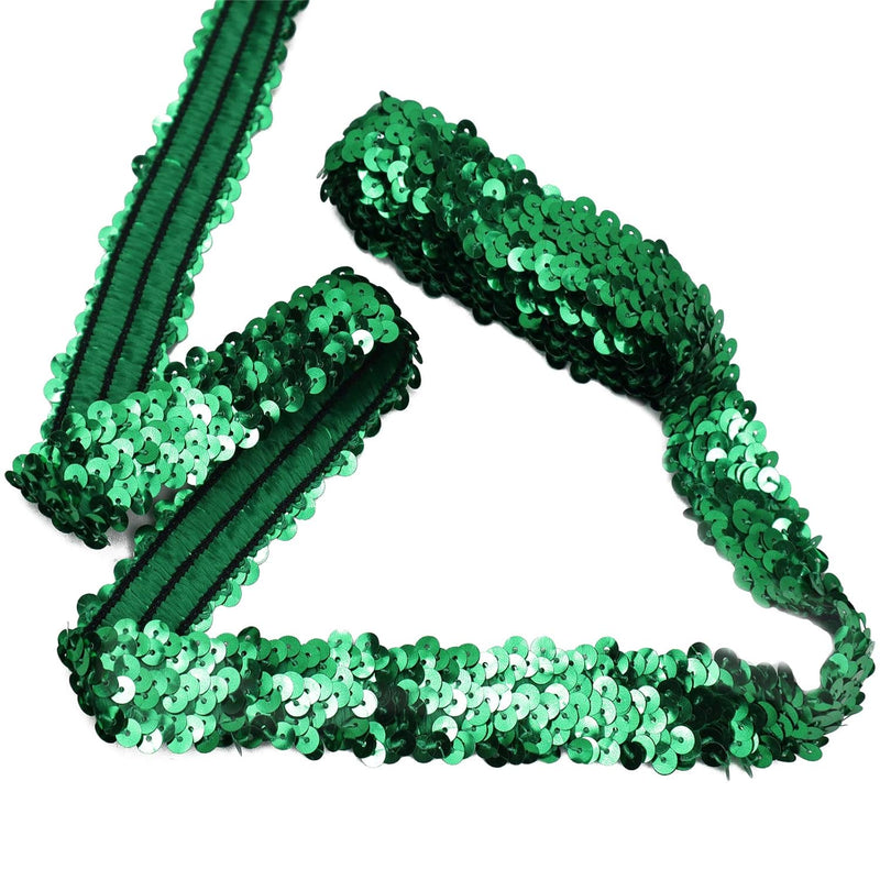 Green Elastic Sequin Ribbon Trim, Flat Glitter Stretch Fabric Ribbon, Metallic