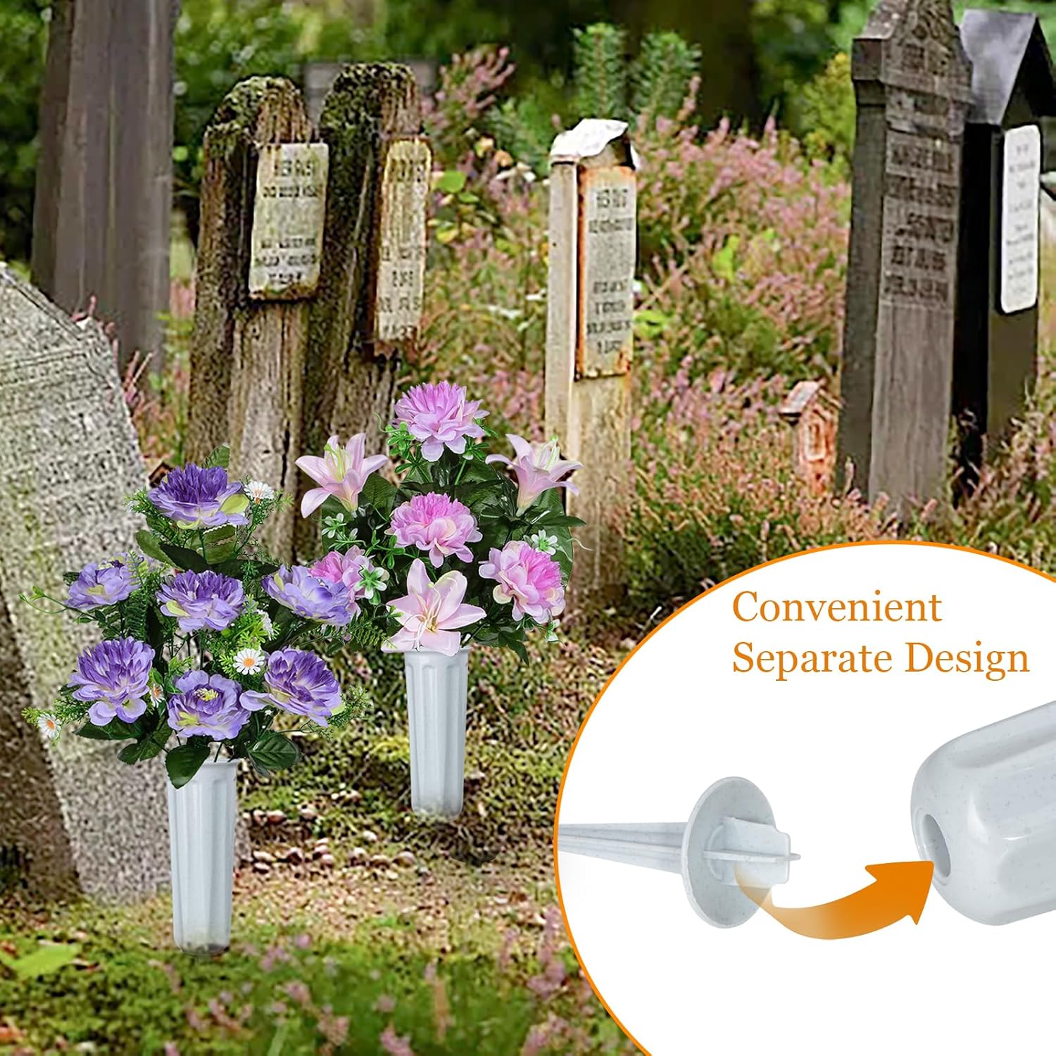 Artificial Cemetery Flowers, Artificial Grave Memorial Flowers With Vase For Cemetery Graveyard Decoration (Purple Flowers Bouquets, Set Of 4)