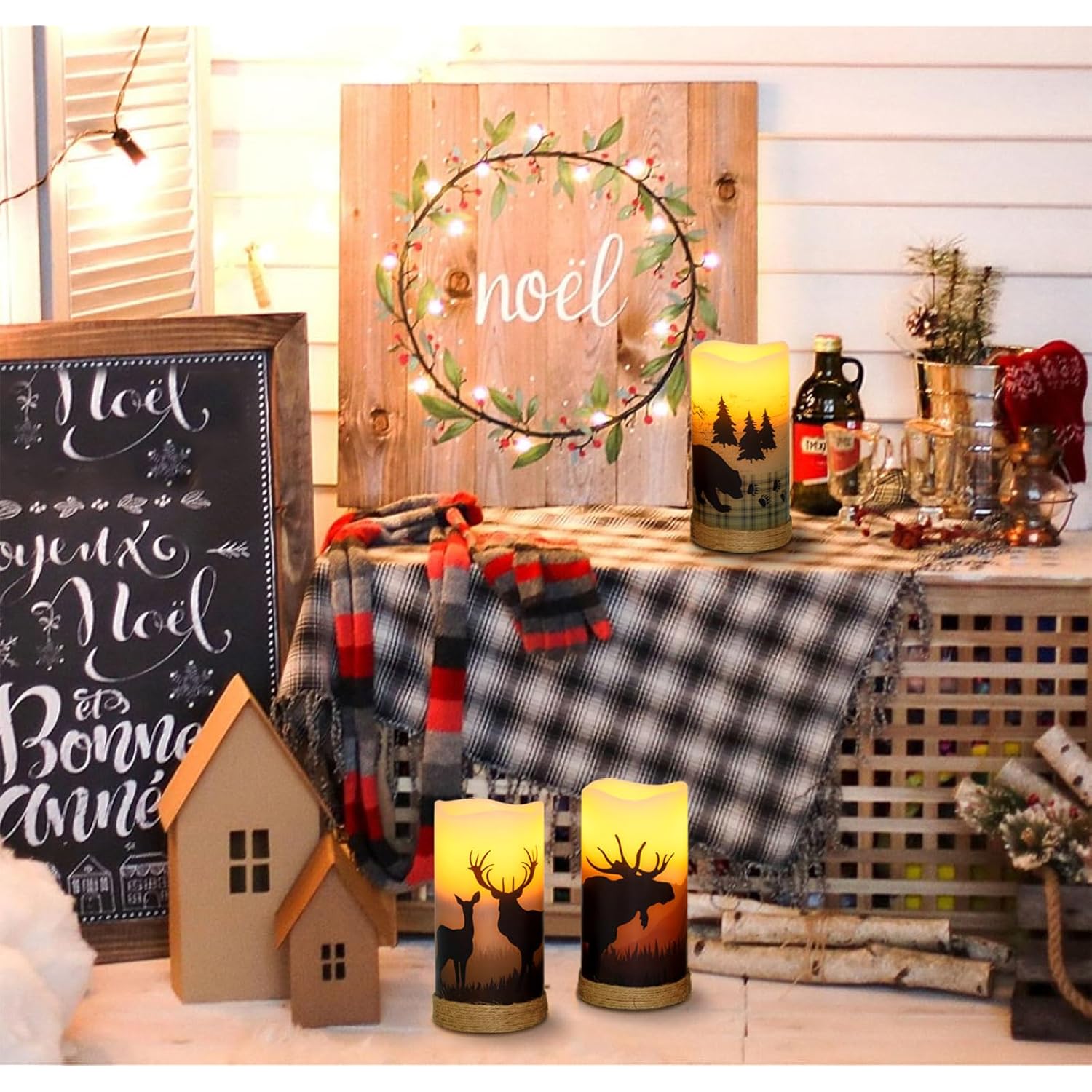 3Pcs Battery Operated Real Wax Pillar Candles With Charming Deer,Moose, Bear Decals,Flameless Flickering Led Candles With Hemp Rope And 6H Timer,Rustic Home Decor For Christmas (D3 X H6)