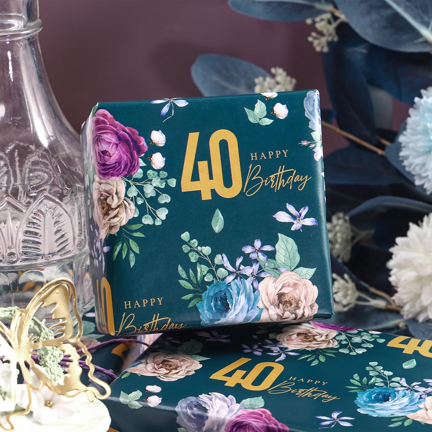 40Th Birthday Wrapping Paper For Women - Mini Roll - Flower Blooms Pattern With 40" Design Gift Wrap Paper For 40Th Birthday, Party And More - 17 Inches X 16.4 Feet, 40 Years Old