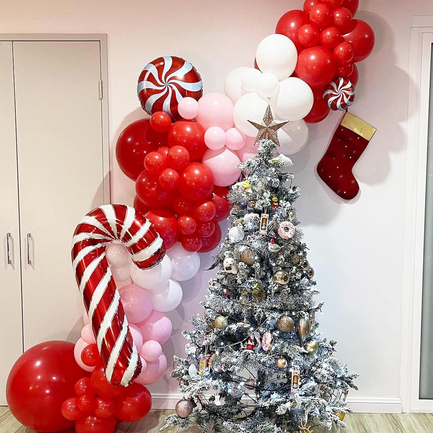 181Pcs Christmas Balloons Garland Kit With White Sliver Red Pink Candy Foil Balloons,Red Pink Explosion Star Foil Balloons For Xmas Birthday Party Or New Year Party Decorations