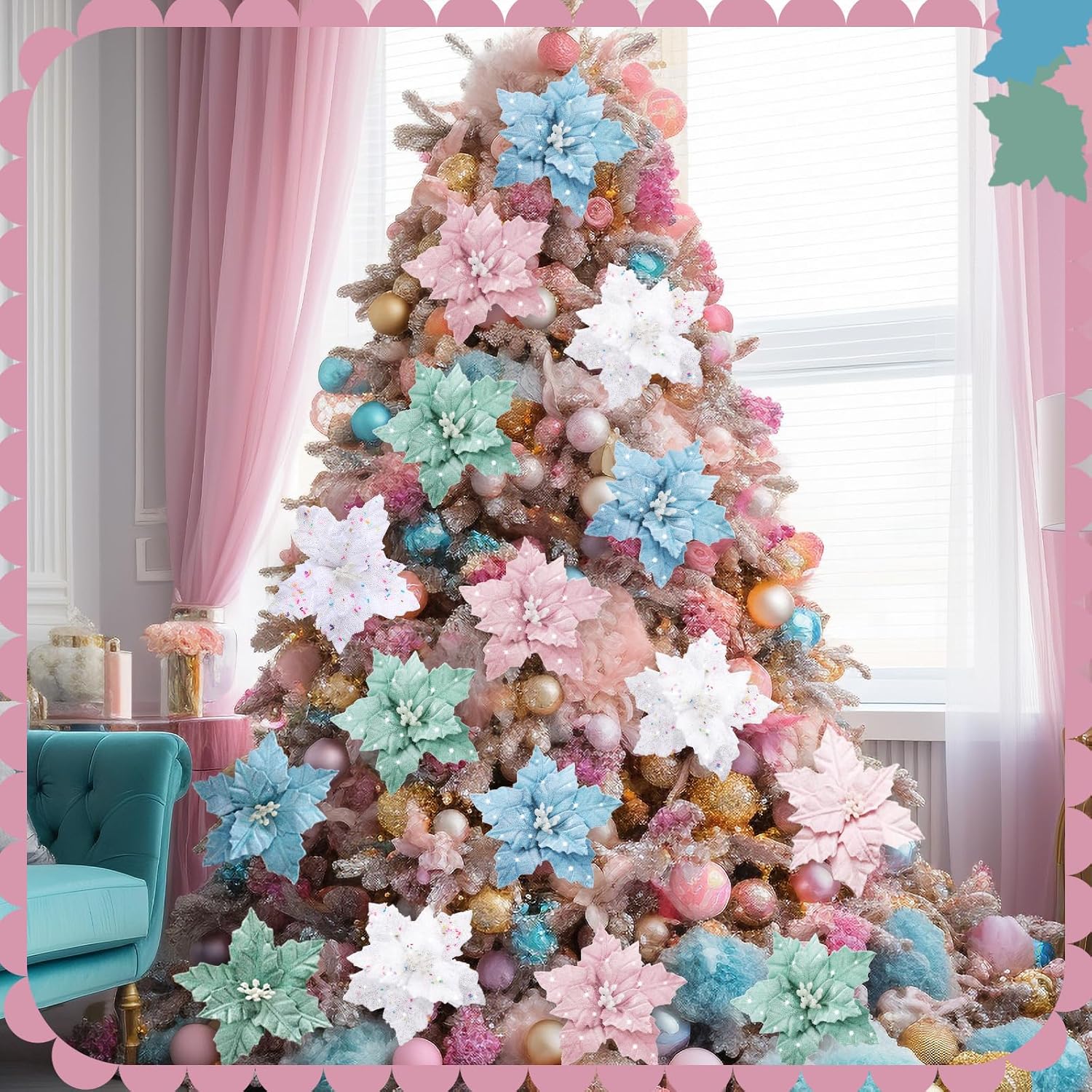 12 Pcs Christmas Tree Pastel Poinsettia Christmas Candyland Decorations Glitter Flowers 6" Xmas Tree Decorations With Clips Stems Xmas Ornaments For Wedding Party Wreath Decoration
