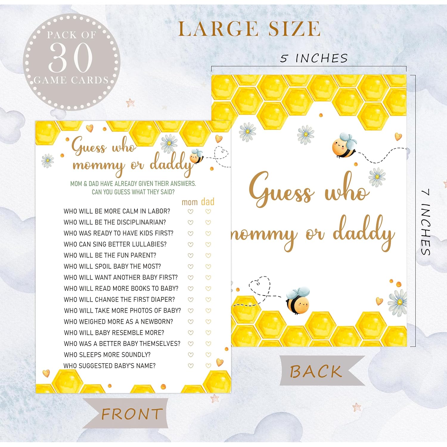Bee Guess Who Mommy Or Daddy Games, Pack Of 30 Game Cards, Baby Shower Games, Gender Neutral Boy Or Girl, Fun Baby Game And Activity - Gn17