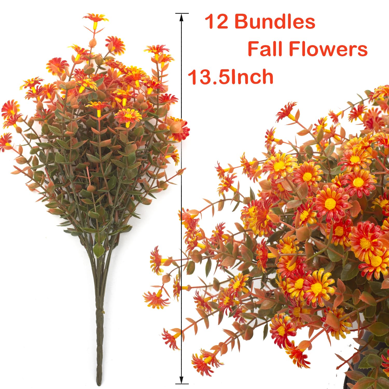 12 Bundles Artificial Fall Flowers For Outdoors Fake Plants - Faux Outside Greenery Boxwood No Fade Plastic Shrubs Decor Farmhouse Home Garden Thanksgiving (Fall Red)