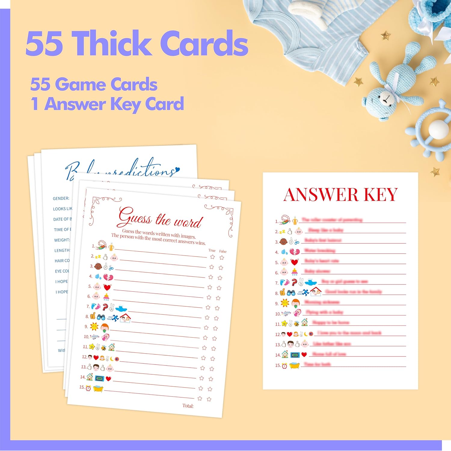 55Pcs Baby Shower Games, Predictions Cards & Guess The Phrase With Answer Keys Included Fun Baby Shower Party Games Gender Neutral For Girls Or Boys