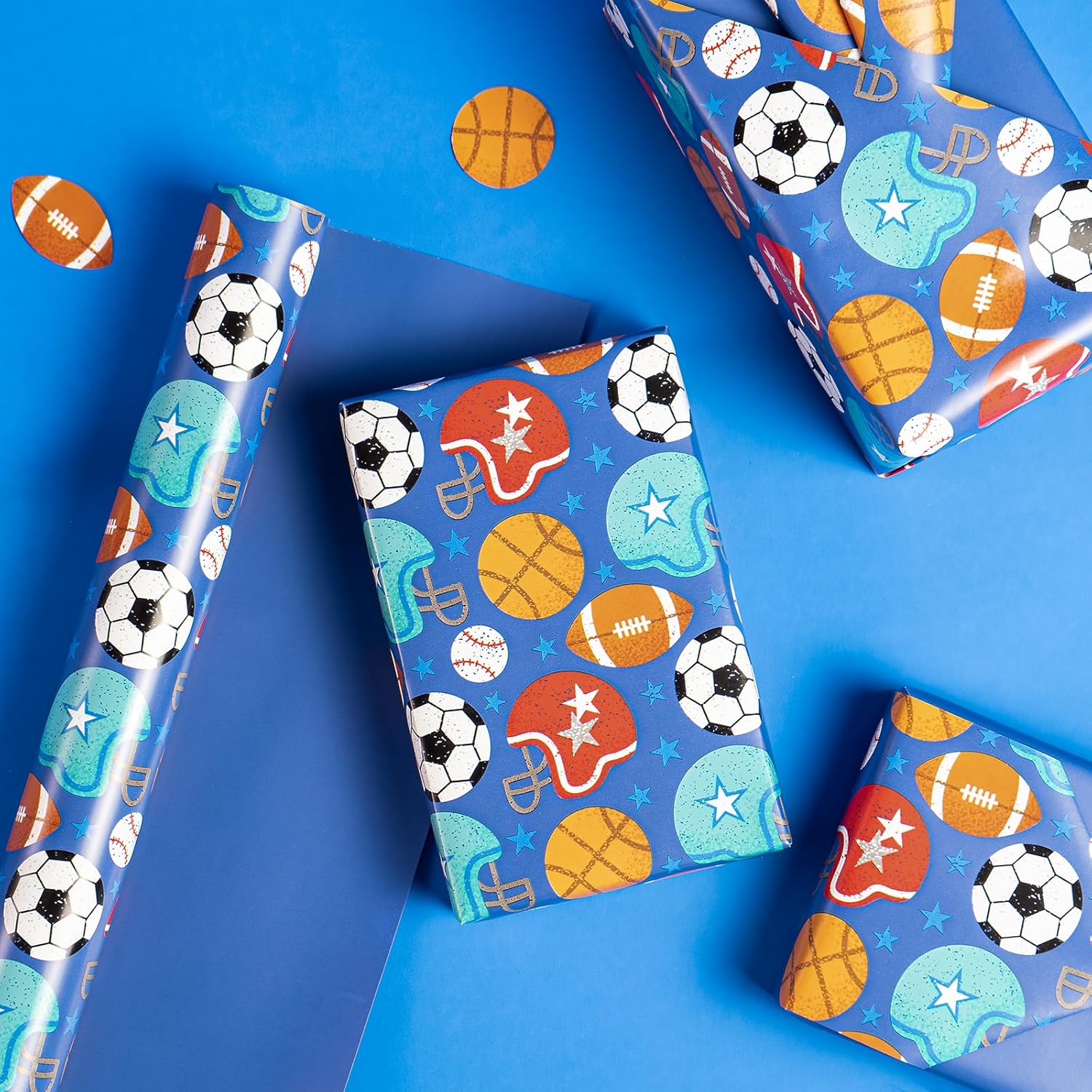 Reversible Football Wrapping Paper - Mini Roll - 17 Inch X 33 Feet - Ball Design With Solid Blue Design For Birthday, Holiday, Baby Shower