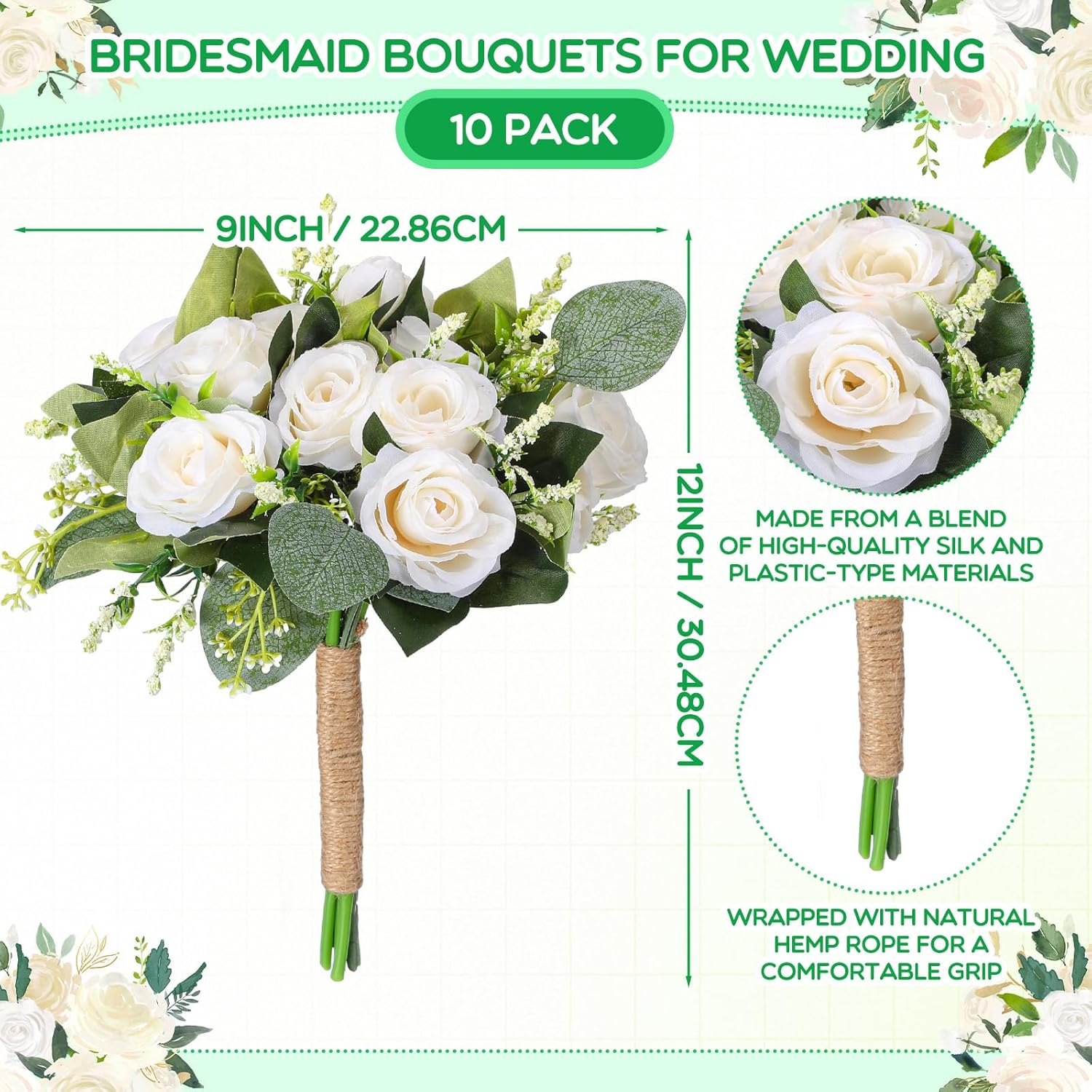 10 Pack Bridesmaid Bouquets For Wedding 7 Inch Natural Artificial Flowers Bridesmaid Bouquets Wedding Flowers For Ceremony Anniversary Marriage Centerpieces Decorations(White)