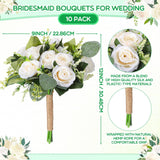 10 Pack Bridesmaid Bouquets For Wedding 7 Inch Natural Artificial Flowers Bridesmaid Bouquets Wedding Flowers For Ceremony Anniversary Marriage Centerpieces Decorations(White)