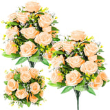 2 Bouquets Artificial Cemetery Flowers For Grave Memorial 18 Heads Rose Silk Flower Faux Roses Arrangement For Valentine'S Headstone Tombstone Decoration Graves 17.72 Inch(Champagne Gold)