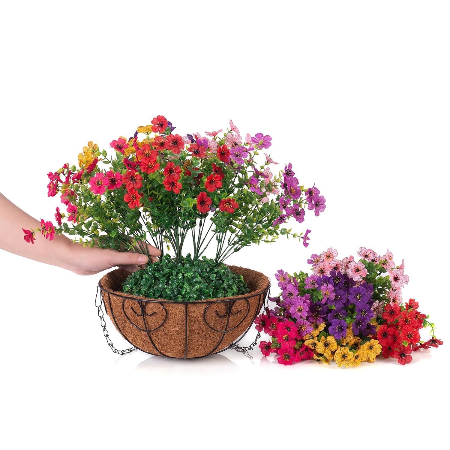 Artificial Fake Hanging Plants Flowers With Basket Outdoor Decor Faux Silk Dasiy Flower Arrangements In Pot Planter For Porch Home Indoor Patio Garden Yard Decoration