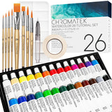 Watercolor Paint Set - 62 Piece Kit - Video Tutorial Course - For Adults, Beginner & Professional Artists - 26 Tubes (12Ml), Sketch Pad, 8 Painting Brushes, Aquapen, Palette, Masking Tape