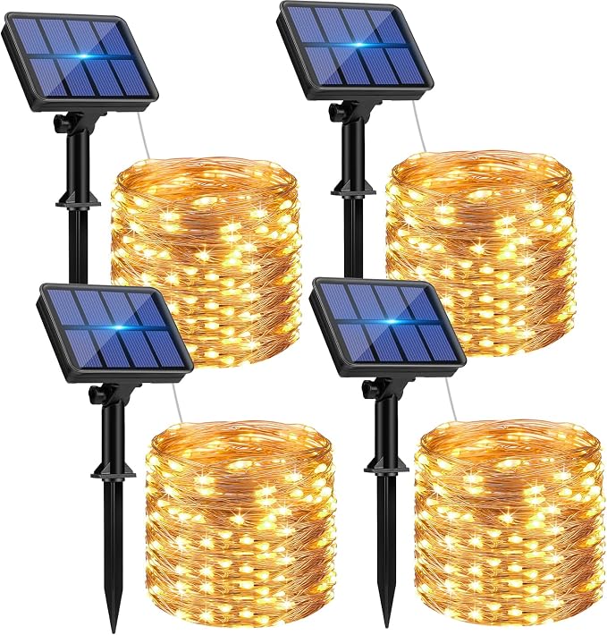 4 Pack Solar String Lights Outdoor 132FT 320 LED Warm White Copper Wire Fairy Lights Waterproof 8 Modes for Garden Tree Wedding Party Decor