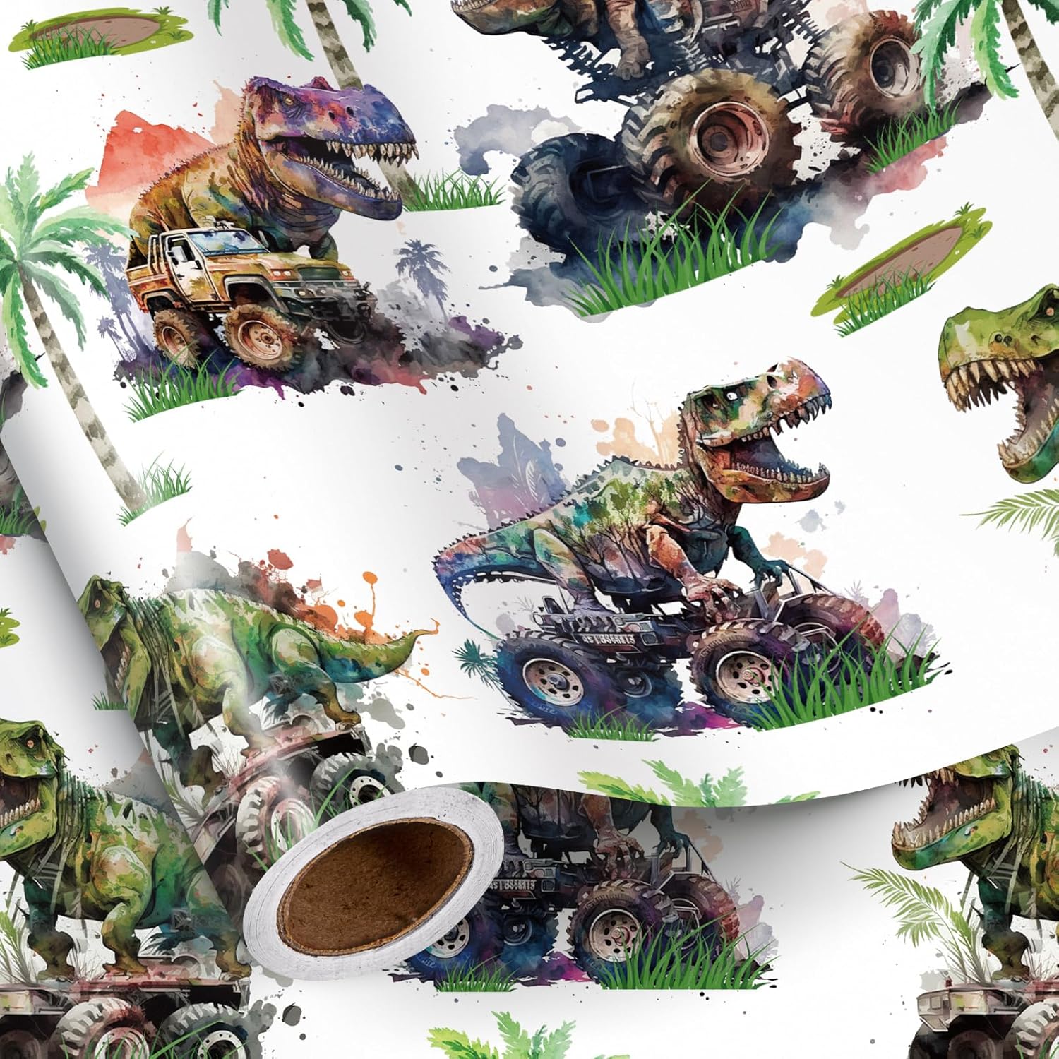 Dinosaur Wrapping Paper Roll For Kids Boys, Mini Roll, Watercolor T-Rex And Monster Truck Gift Wrap Paper For Birthday, Dino Party, Adventure Celebration, 17 Inches X 16.4 Feet