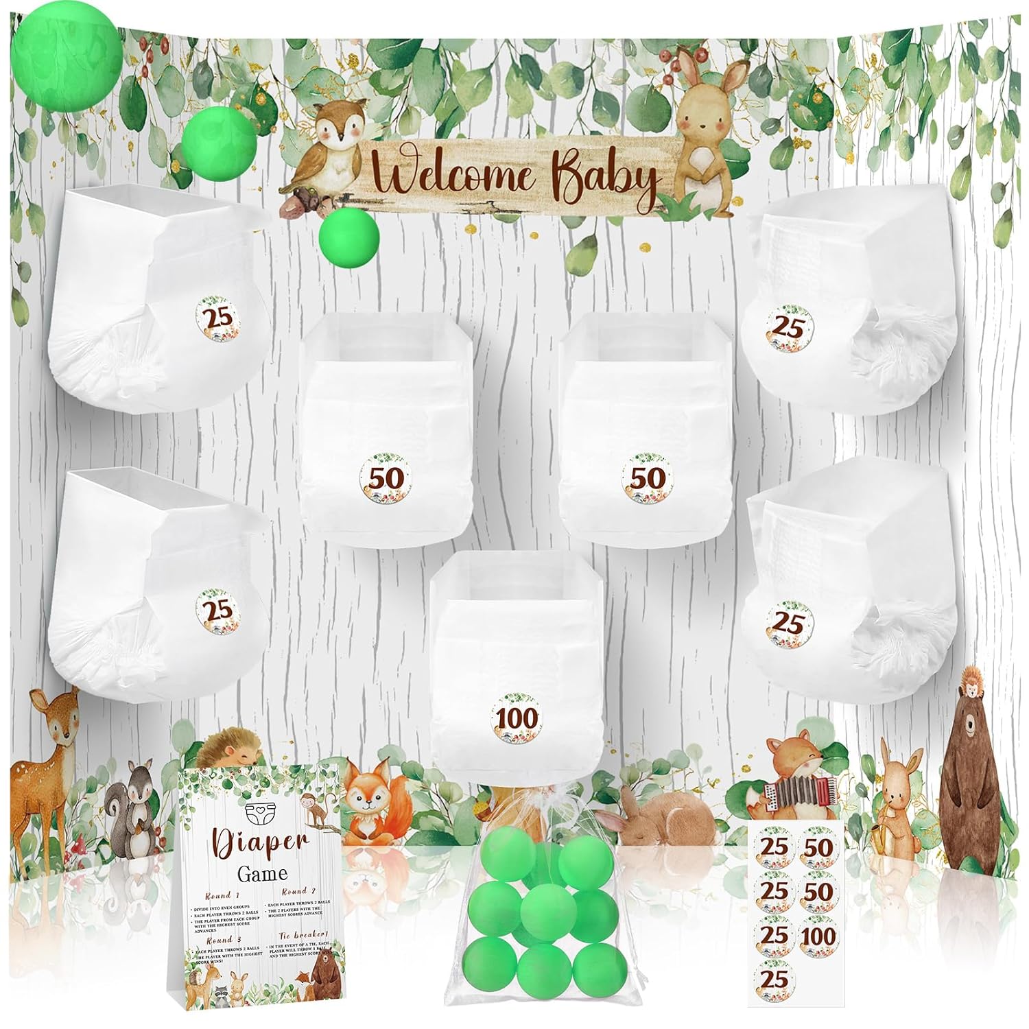 31 Pieces Woodland Animal Baby Shower Diaper Game 1 Diaper Baby Shower Game Board 7 Diapers 10 Plastic Balls 1 Organza Bag For Bridal Games Boy Girl