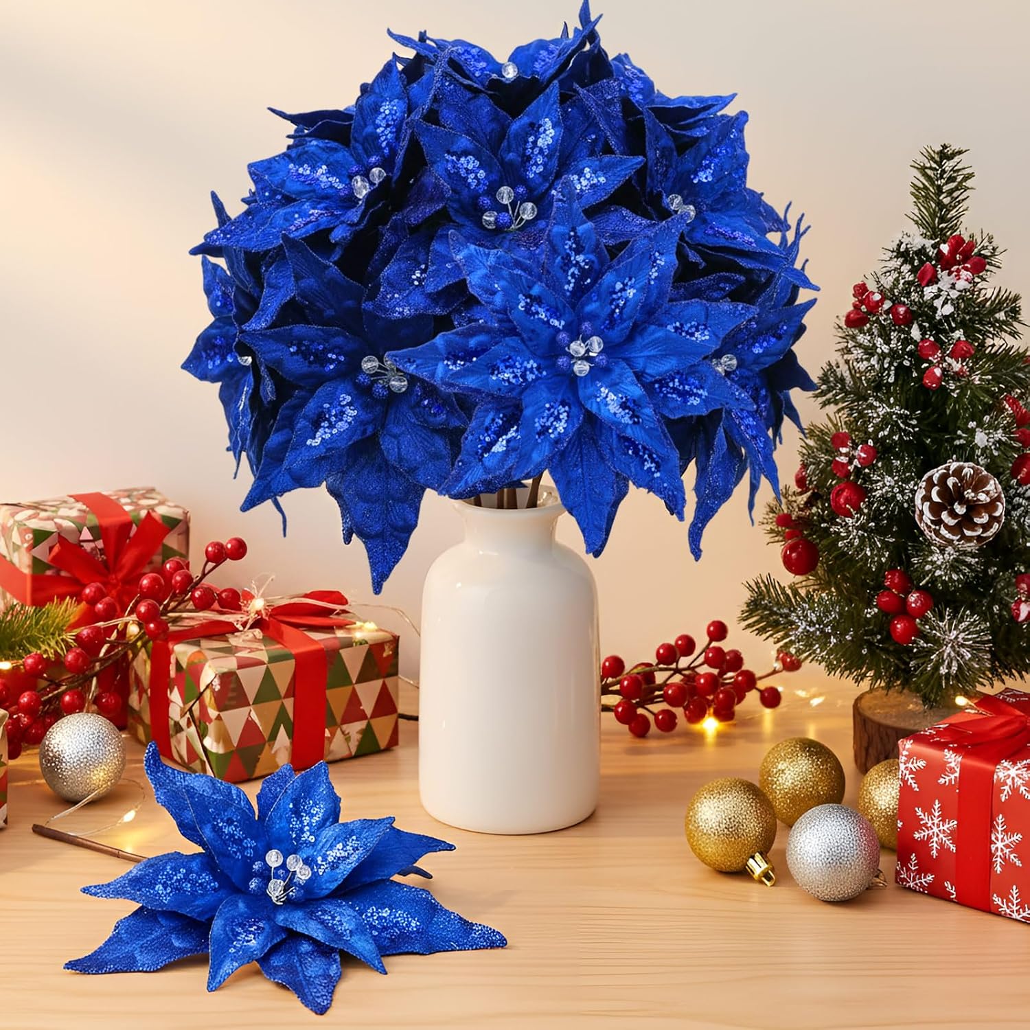 8 Pcs Velvet Christmas Glitter Poinsettia Flowers 12'' Large Heads Artificial Poinsettia Flower Ornaments Picks Christmas Tree Decoration Fake For Xmas Ornament Wedding Holiday(Royal Blue)