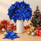 8 Pcs Velvet Christmas Glitter Poinsettia Flowers 12'' Large Heads Artificial Poinsettia Flower Ornaments Picks Christmas Tree Decoration Fake For Xmas Ornament Wedding Holiday(Royal Blue)